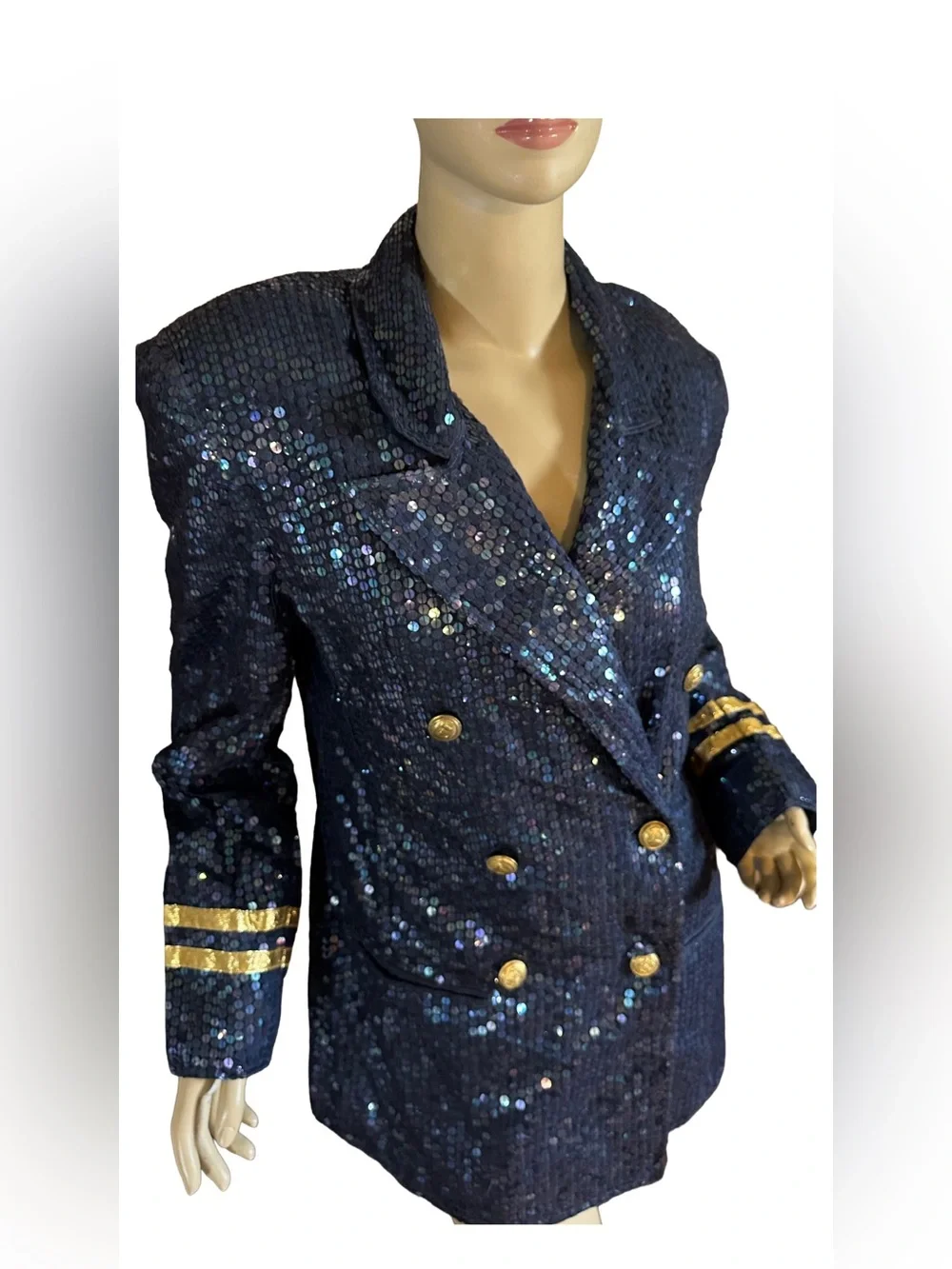 VINTAGE 1980'S LEW MAGRAM BLUE & GOLD NAUTICAL THEME SEQUIN BLAZER (L)